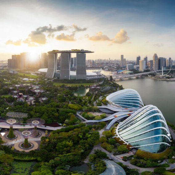 SINGAPORE - FEBRUARY 3: Panorama of Aerial view of Singapore Downtown, Financial district and business centers in urban city. Skyscraper buildings by Drone on February 3, 2020 in Singapore.